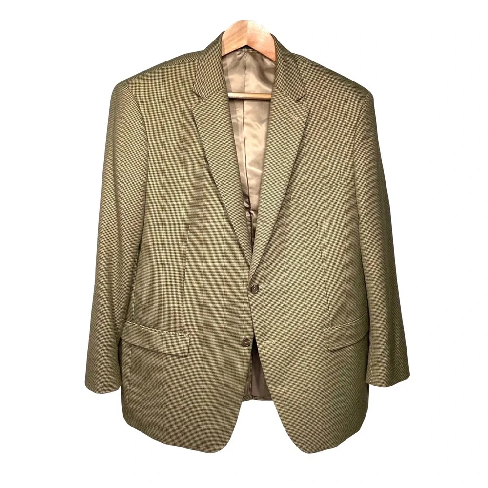 Chaps Mens 46R Blazer Olive Brown Tan Micro Houndstooth Sport Coat  Academic